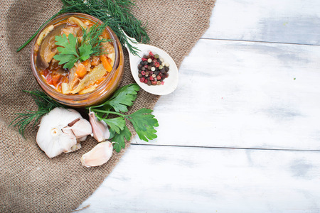 Eggplant salad (caviar) in the glass jarの写真素材