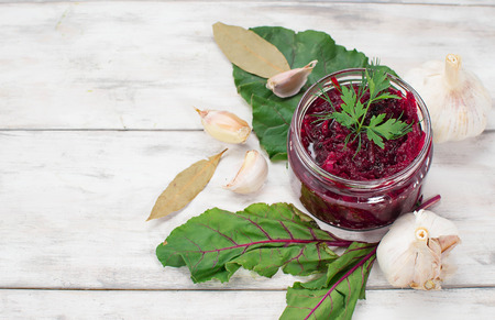 Pickled  beetroot in a jar on light backgroundの写真素材
