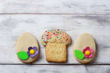 Easter homemade cookie in shape of egg. Selective focus. Space for text