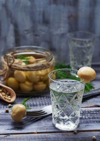 Glass of Russian vodka and pickled mushroomsの写真素材