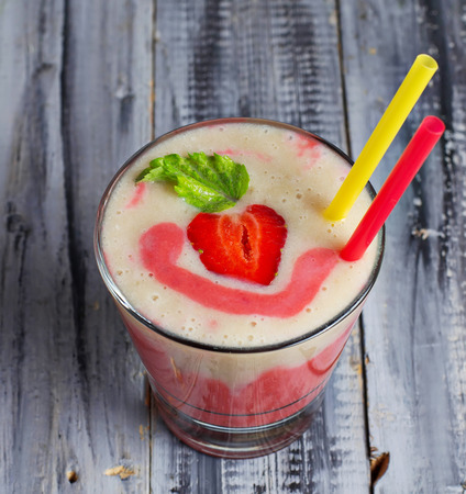 Strawberry banana smoothie, summer drink. Selective focusの写真素材