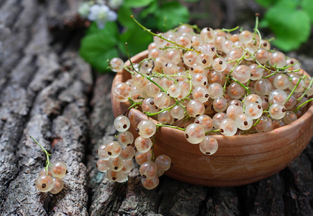 Ripe white currant in wooden bowl. Selective focusの写真素材