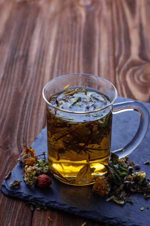 Herbal tea and dried herbs. Selective focusの写真素材
