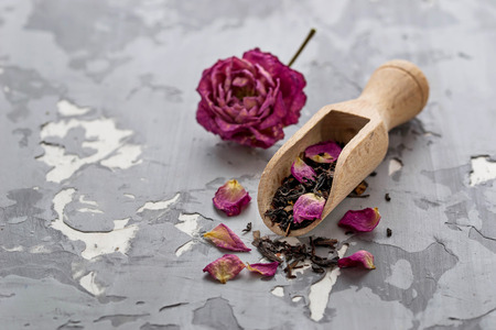 Dried tea with rose petals. Selective focusの写真素材