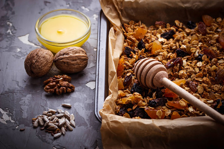 Granola with nuts and dried fruit. Selective focusの写真素材