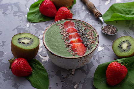 Smoothie bowl with spinach. Selective focusの写真素材