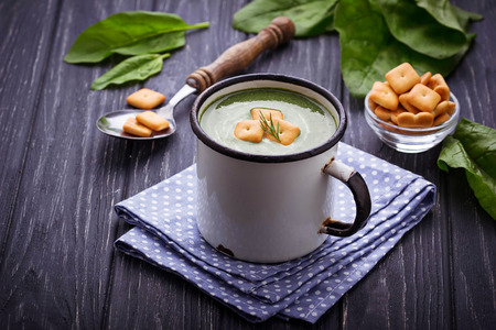 Spinach cream soup with croutons. Selective focusの写真素材