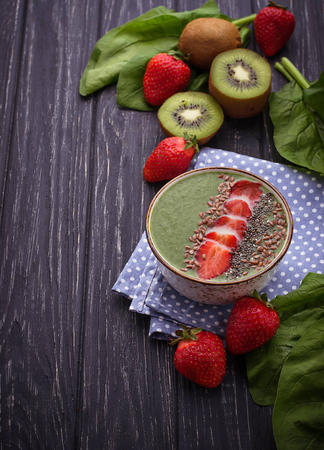 Smoothie bowl with spinach. Selective focusの写真素材