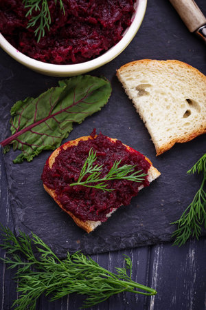 Beetroot caviar and toast. Selective focus