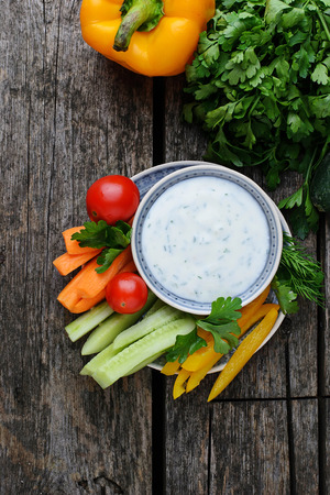 Fresh vegetables stick and yogurt dip. Selective focusの写真素材