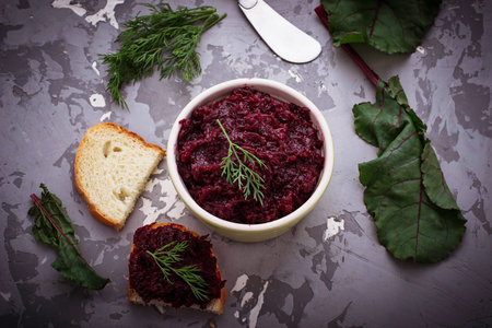 Beetroot caviar and toast. Selective focus
