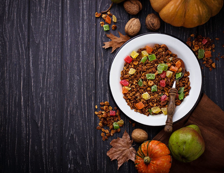 Autumn granola with candied fruit. Selective focusの写真素材