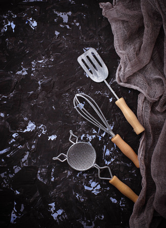 Kitchen utensils: strainer, whisk, spatula. Selective focusの写真素材
