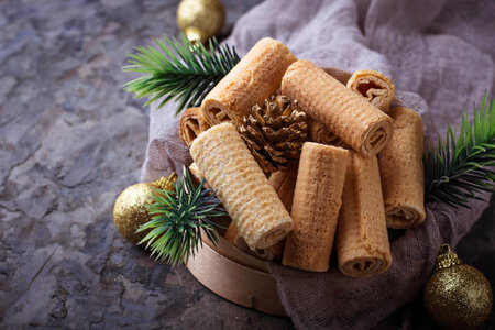 Christmas cookies on concrete background. Selective focus