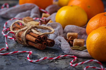 Orange tangerines and Christmas spices. Selective focusの写真素材