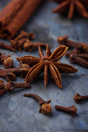 Star anise and cloves on concrete background. Selective focusの写真素材