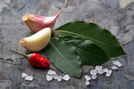 Fresh bay leaves and red pepper. Selective focusの写真素材