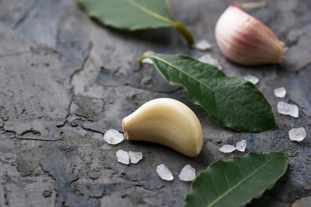 Fresh bay leaves and garlic. Selective focusの写真素材