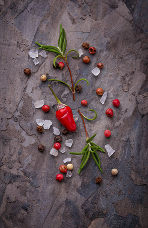 Red hot chilli peppers, rosemary and salt. Selective focusの写真素材