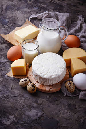 Dairy products. Milk, cottage cheese, sour cream, butter, eggs. Selective focusの写真素材