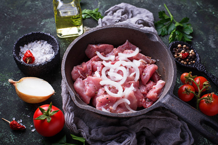 Raw sliced meat ready for cooking. Top viewの写真素材