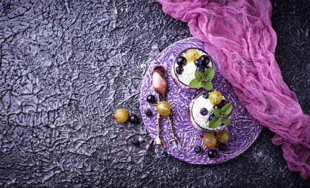 Healthy dessert with berry and cream cheeseの写真素材