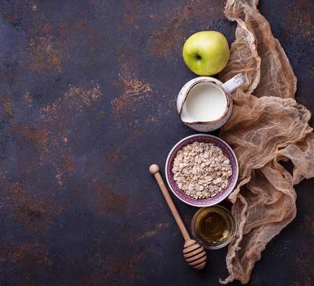 Oat, milk, honey and apple.の写真素材