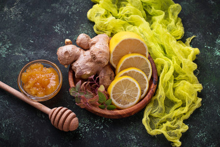 Lemon, ginger, mint and honey. Healthy vitamin products Selective focusの写真素材