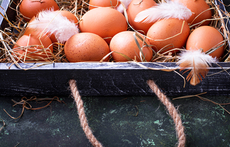 Raw chicken eggs in boxの写真素材