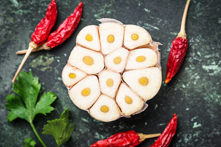 Sliced garlic, red pepper, and parsley
