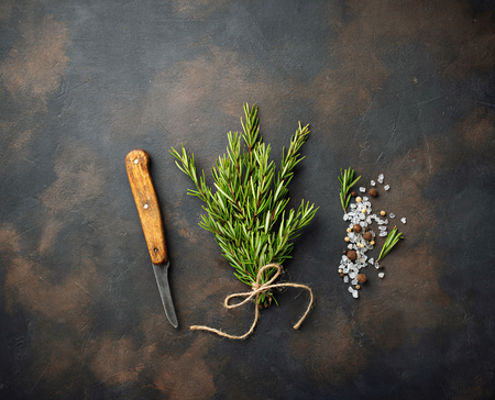 Bunch of fresh rosemary on dark backgroundの写真素材