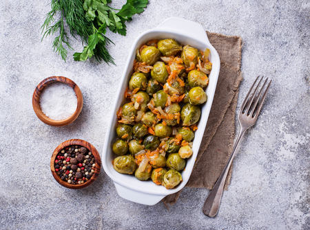 Baked brussels sprouts with carrotの写真素材