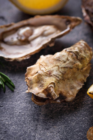 Fresh oysters with lemon and rosemary. Selective focus