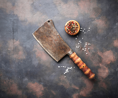 Butchers vintage cleaver with spices. Top viewの写真素材