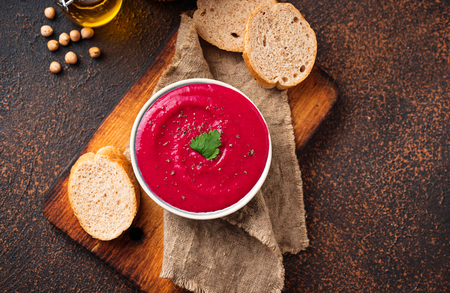 Beetroot hummus. Healthy vegan appetizer. Top viewの写真素材