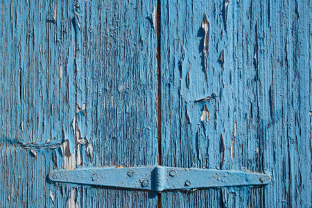 Old rustic crackled wooden door with hinge