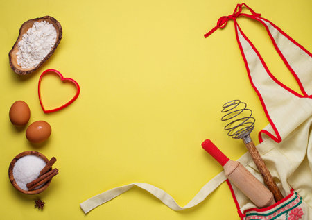 Ingredients for baking  on yellow backgroundの写真素材