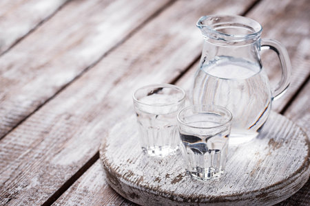 Glasses and jug of cold waterの写真素材