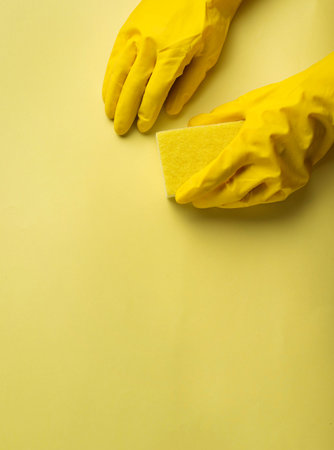 Kitchen sponges and rubber gloves on yellow background