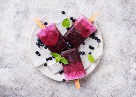 Sweet homemade popsicles with blueberry. Top viewの写真素材