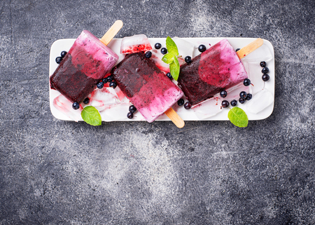 Sweet homemade popsicles with blueberry. Top viewの写真素材