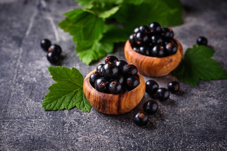 Black currant with leaves in wooden bowlsの写真素材
