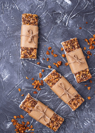 Homemade granola bars with nuts. Healthy snack. Top viewの写真素材