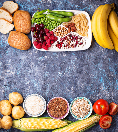 Products sources of carbohydrates. Healthy carbs food. Top viewの写真素材