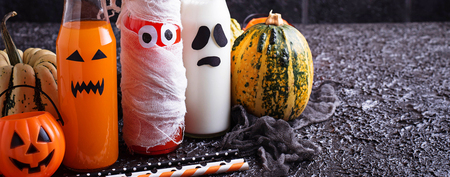 Selection of different Halloweens drinks for party. Selective focus, banner for design siteの写真素材