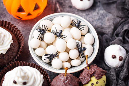 Creative Halloween treat spider eggs. Selective focusの写真素材