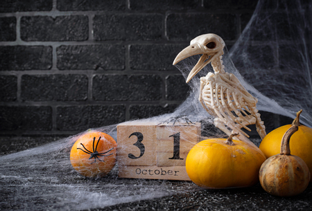 Halloween background with wooden calendarの写真素材