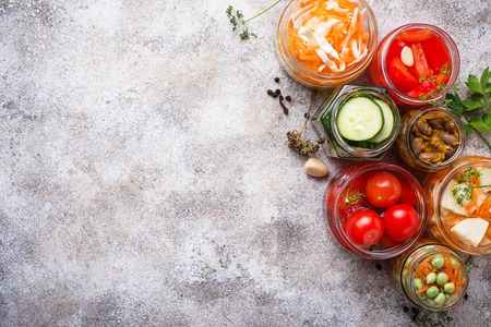 Fermented food. Preserved vegetables in jarsの写真素材
