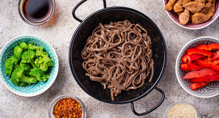 Asian noodles soba with various ingredients. Top viewの写真素材