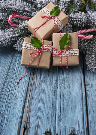 Christmas or New year festive background on blue wood. Space for textの写真素材